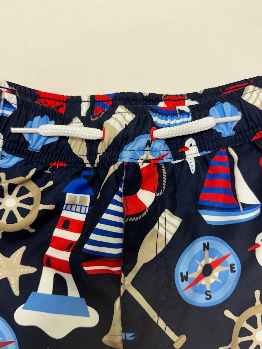 Gymboree Boys Navy Swim Trunks with Red, Blue and White Nautical Print